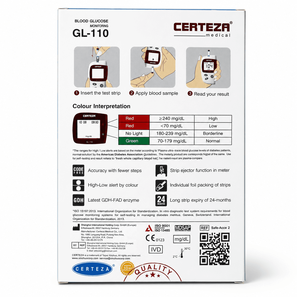 Certeza Blood Glucose Monitor GL-110 box back features
