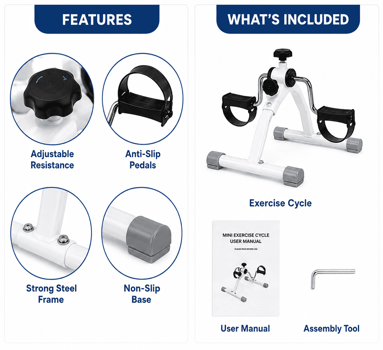 Features of Mini Exercise Cycle including adjustable resistance and anti-slip pedals